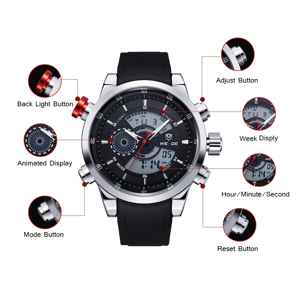 WEIDE Quartz Sports Wrist Watch Casual Genuine Mens LCD Analog Digital Dual Time Watch Black Waterproof Watches Original Gifts