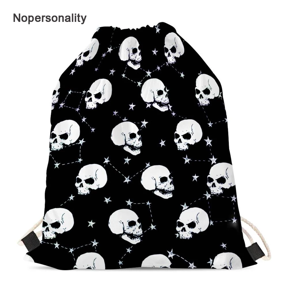 Nopersonality Printing Schoolbag Black Skull Drawstring Bag for Women Lightweight Child Kids Backpack Travel Storage Bags