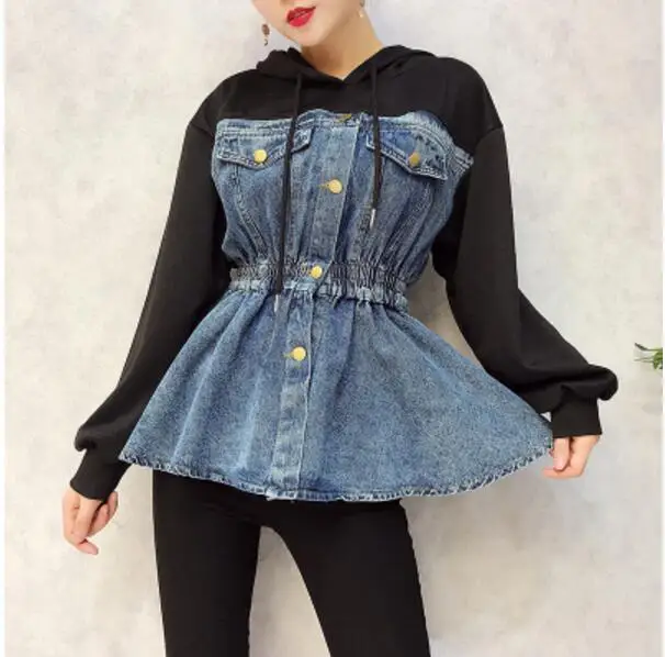 

Denim Hoodies Women European 2019 New Ladies Hooded Long Sleeve Stitched Cowboys Waistline Sweatshirts Students Pullovers