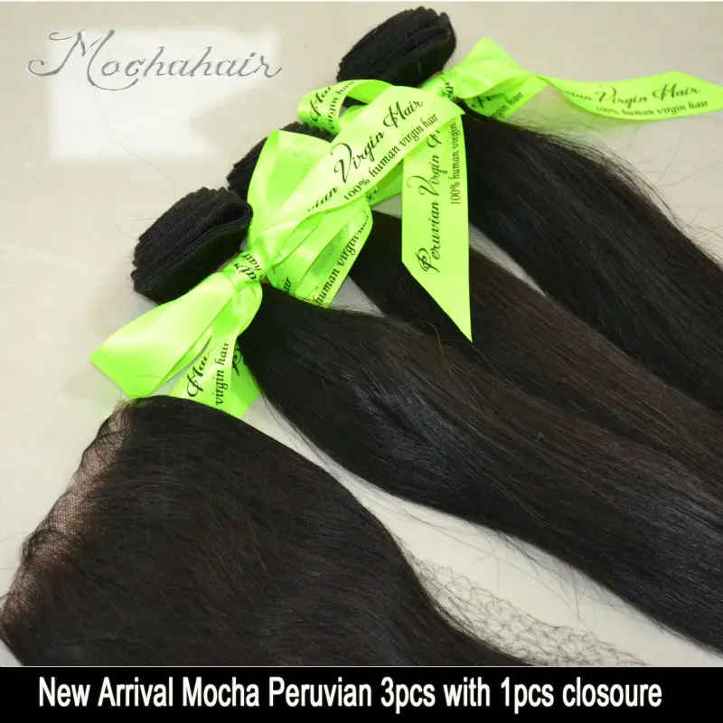 Straight,1 Piece Lace Top Closure and 3Pcs Hair Bundle 100% Mocha Peruvian Virgin Hair Weft,4pcs/lot 12"-30" DHL Free shipping