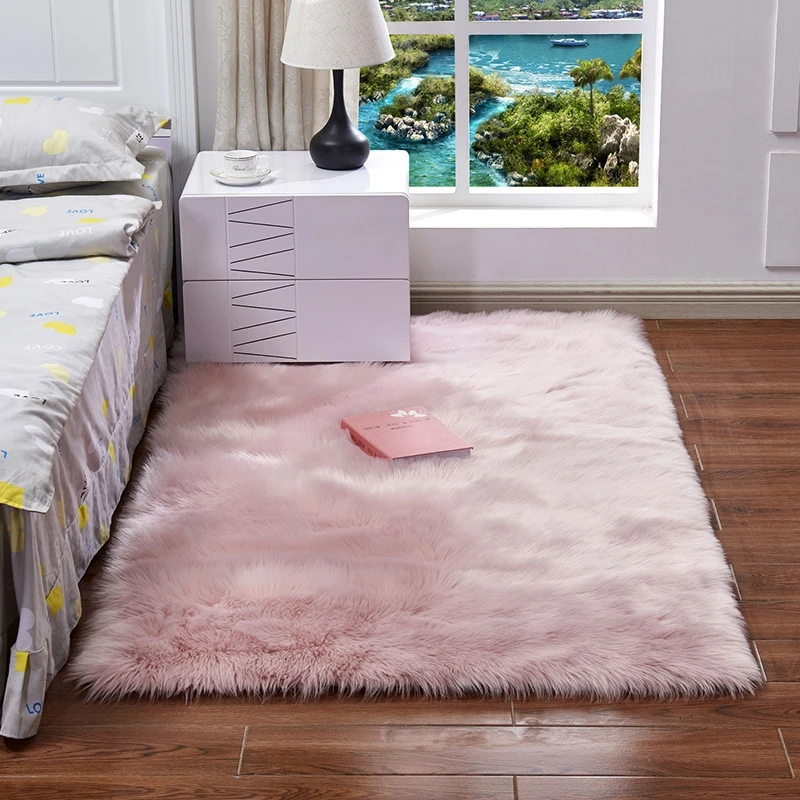 Розовый шерстяной прикроватный коврик из искусственной овчины для гостиной, спальни, напольный коврик, теплый длинный пушистый мех для кожи, Rugs40