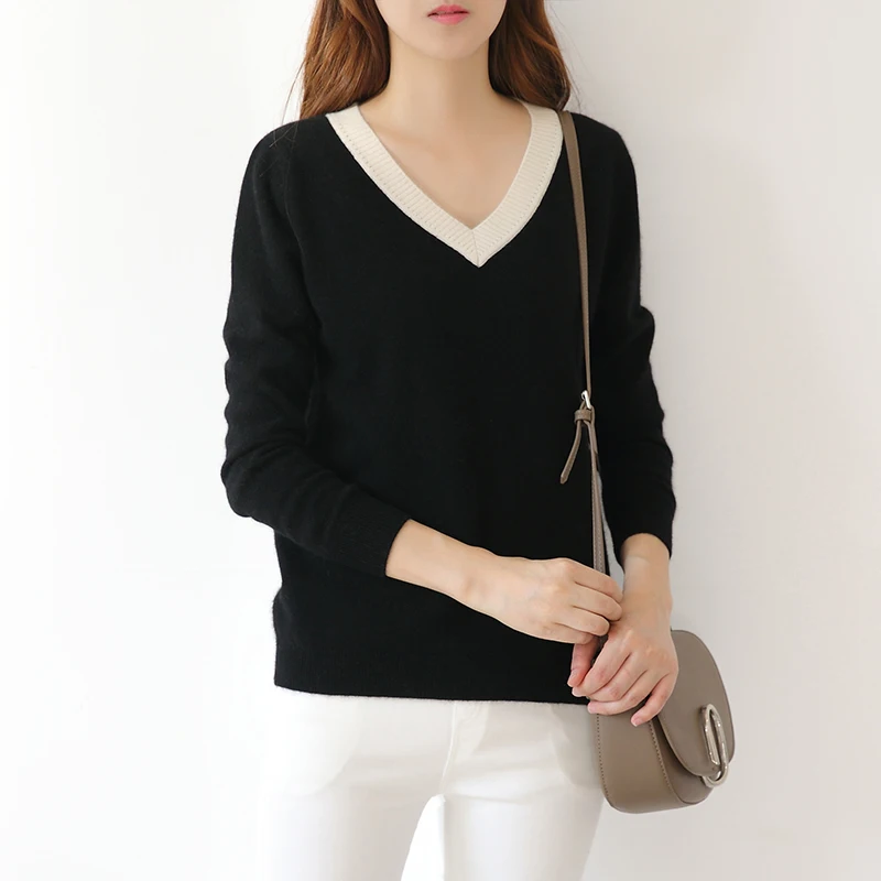

Women Deep V neck Cashmere Kintted Sweaters And Pullovers Ladies Autumn Winter Black White Casual Sweater Trendy Tops Jumper