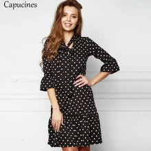 Осень точка печати галстук-бабочка шифоновое платье женское V-образным вырезом Расклешенный рукав прямое повседневное платье с короткими рукавами оборками мини-платья