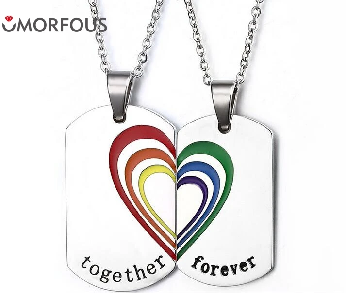 1Pair Retail Romantic Love Heart Rainbow Necklace For Couples Stainless Steel Gay Pride Necklaces & Pendants Promise Jewelry