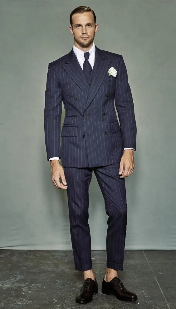 Same As Image Slim Fit темно синие в полоску костюм Человек Smart Бизнес Формальные Блейзер двубортный остроконечные нагрудные Жених смокинги для женихов Свадебная - Цвет: Same As Image
