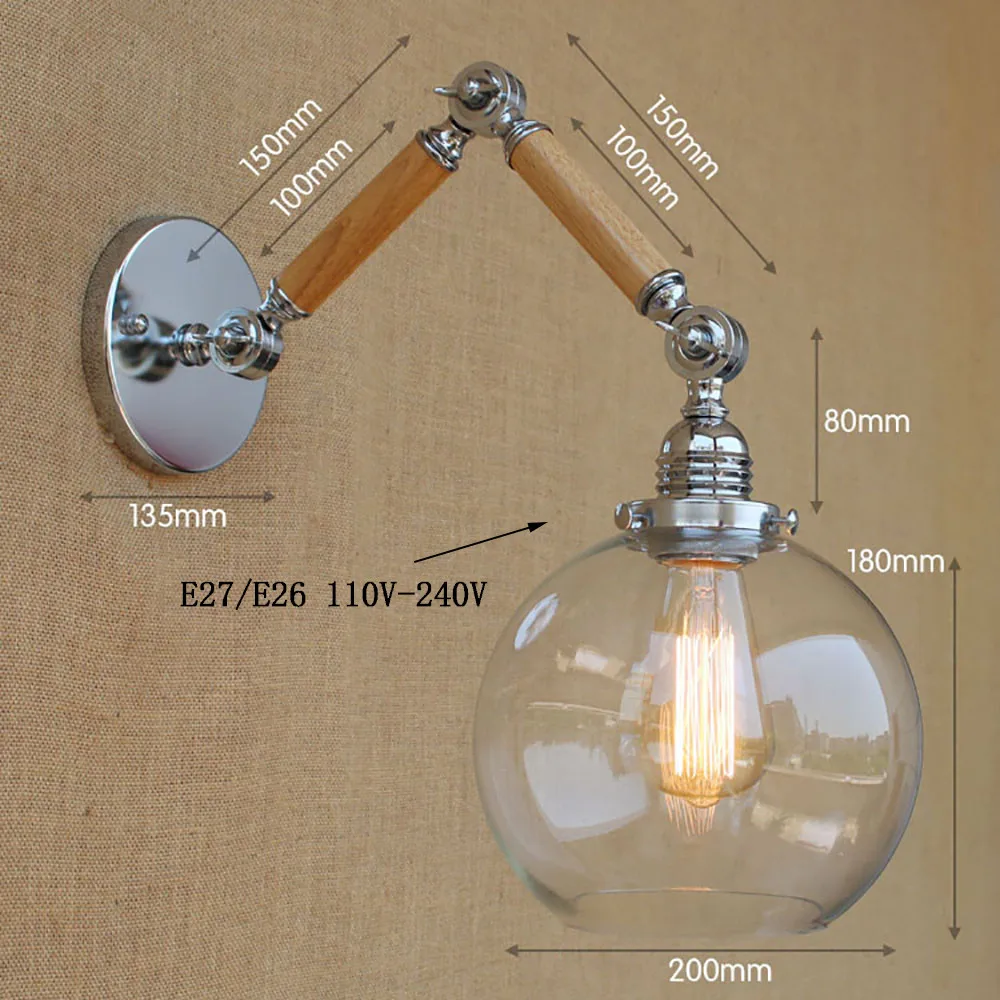 Nordic Регулируемый E27/E26 led swing arm дерево стеклянный шар настенный светильник для чтения старинные настенные светильники для спальни ресторана кафе бар