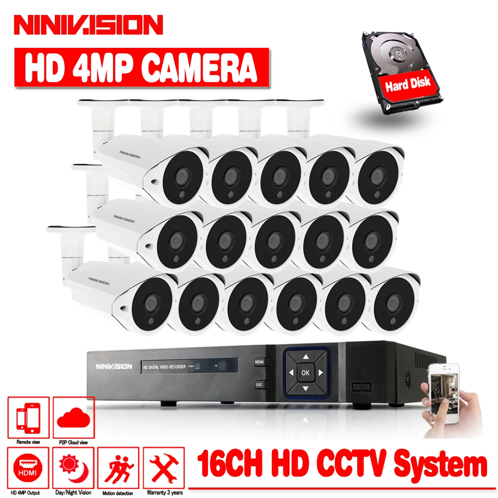 NINIVISION 4MP видеонаблюдения Системы 16CH комплект видеонаблюдения 16 шт. 4.0MP безопасности Камера супер Ночное видение 3MP 4MP 5MP NVR