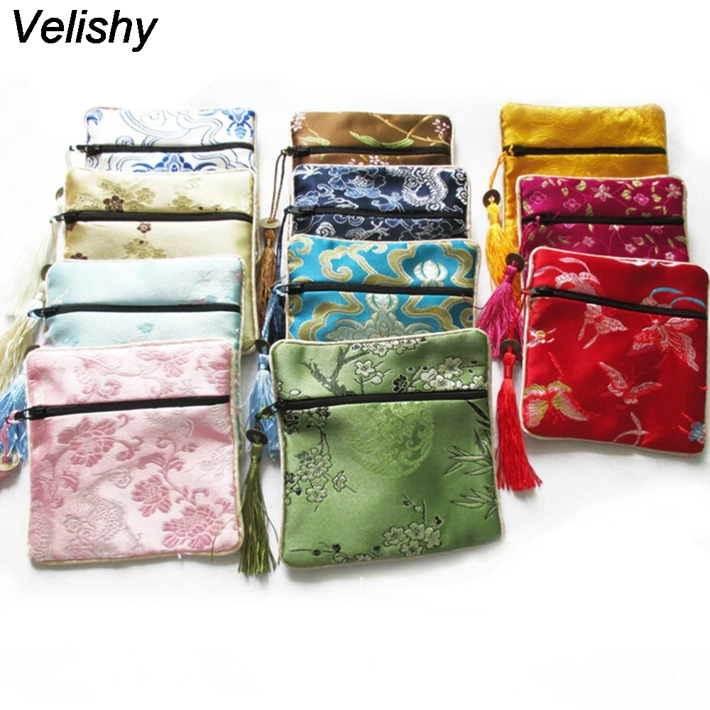 Velishy 10 Pcs Mix Colors Small Bags Chinese Zipper Coin Purse Flower