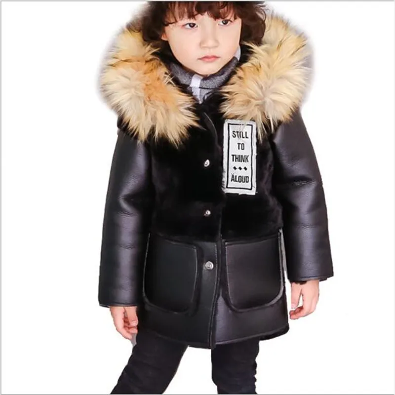 

2018 Winter Boys And Girls Children Baby Faux Fur Coat Thick Artificial Leather Single-breasted Patchwork Hooded Jacket QC868