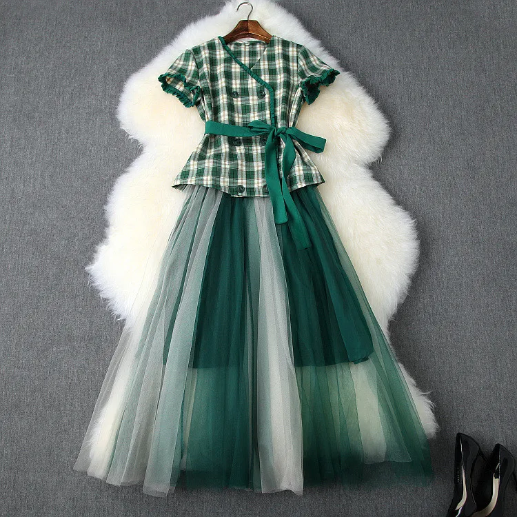 Mode vrouwen zomer rok pak OL elegante plaid Shirts + Mesh rokken 2 stuks set A528