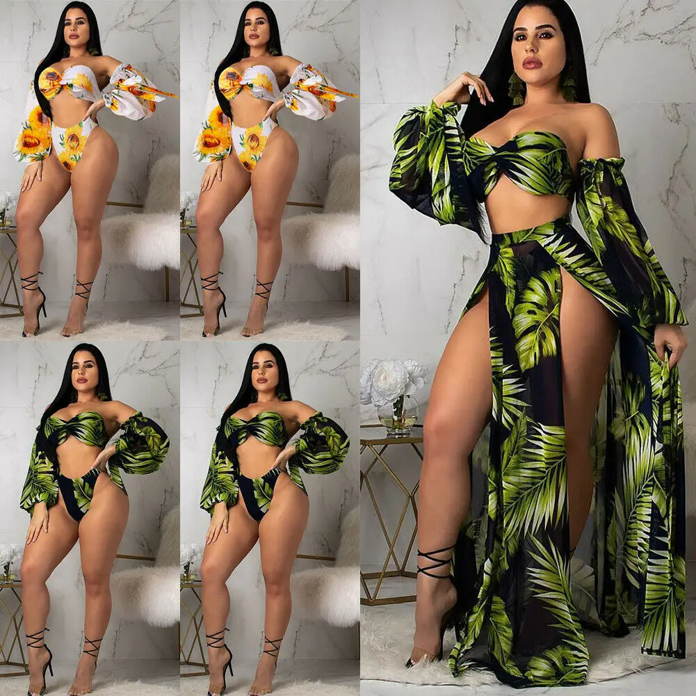 

Swimwear Women High Waist Bikini Swimsuit Push Up Ruffle Bikinis Set Print Bathing Suit Biquini Female Maxi Wrap Skirt Cover Up