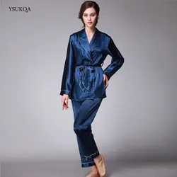 Бренд YSUKQA, 2 предмета, ночная рубашка из искуственного шелка, комплект рубашка + брюки, сатиновая Пижама, длинные штаны, комплект для сна