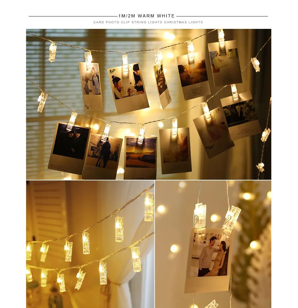 Потолок 2 метра карты Фото лампа свадебный Декор светодиодная цветная веревочка для вечерние на день рождения Рождественская зажим гирлянды теплый Батарея