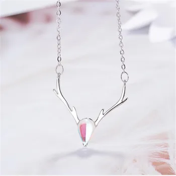 

New Simple Heart Mori Elk Moonlight Stone Antler 925 Sterling Silver Fashion Jewelry Crystal Deer Women Necklaces N484