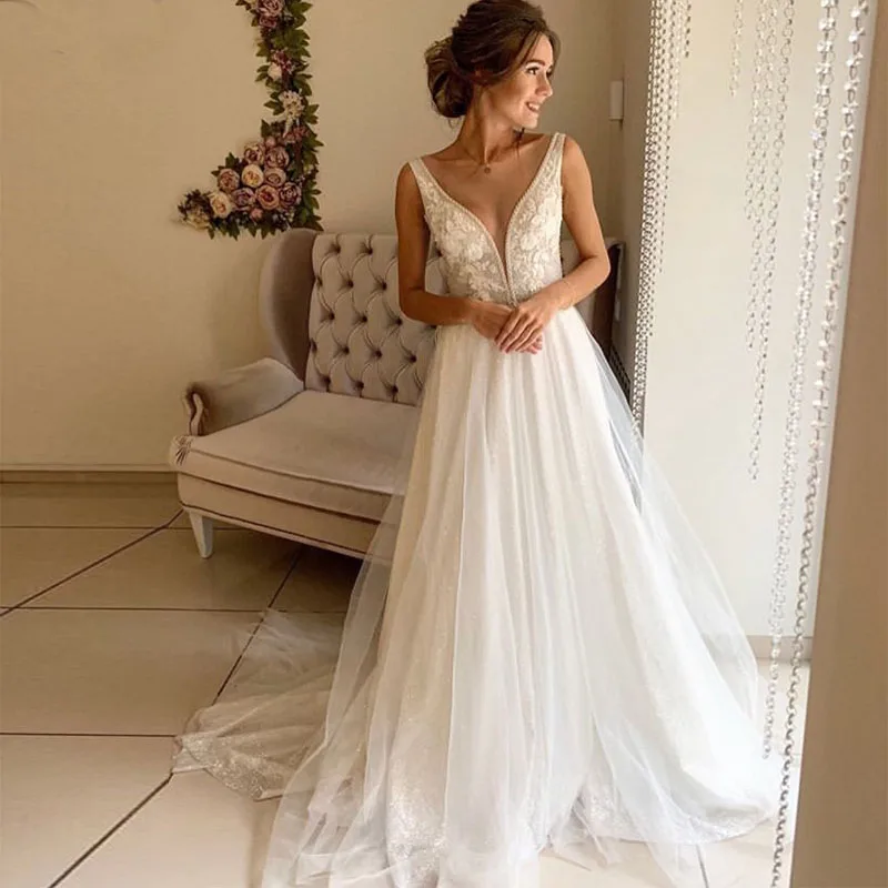 Свадебное платье с глубоким v-образным вырезом и аппликацией из бисера белого цвета и цвета слоновой кости, свадебное платье с пуговицами, блестящее длинное платье