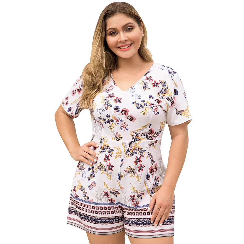 

Regarder Store ♥ Women's Plus Size V-neck Short-sleeved Waist Wide Leg Print Splice Jumpsuit Women Clothes Fashion