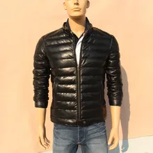 Фабричная мужская одежда из натуральной кожи с воротником-стойкой, тонкий короткий дизайнерский пуховик из натуральной овечьей кожи, зимняя мужская верхняя одежда