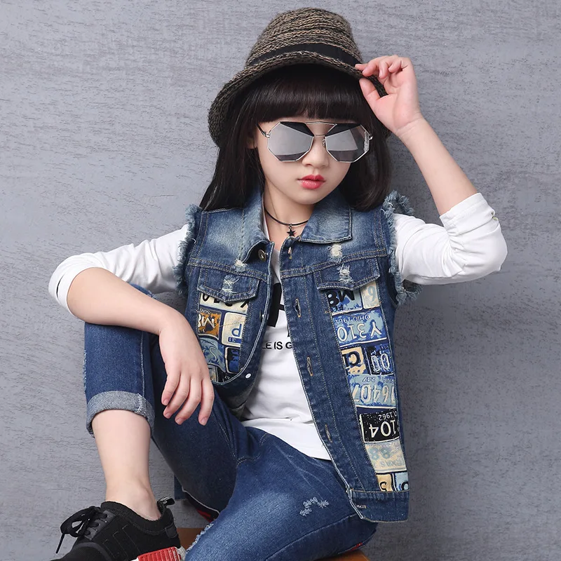 

Denim Vest for Girl 2018 Sping Fall Sleeveless Waistcoat for Children Cute Girl Clothes Coats Kids Baby Print Outerwear Jackets