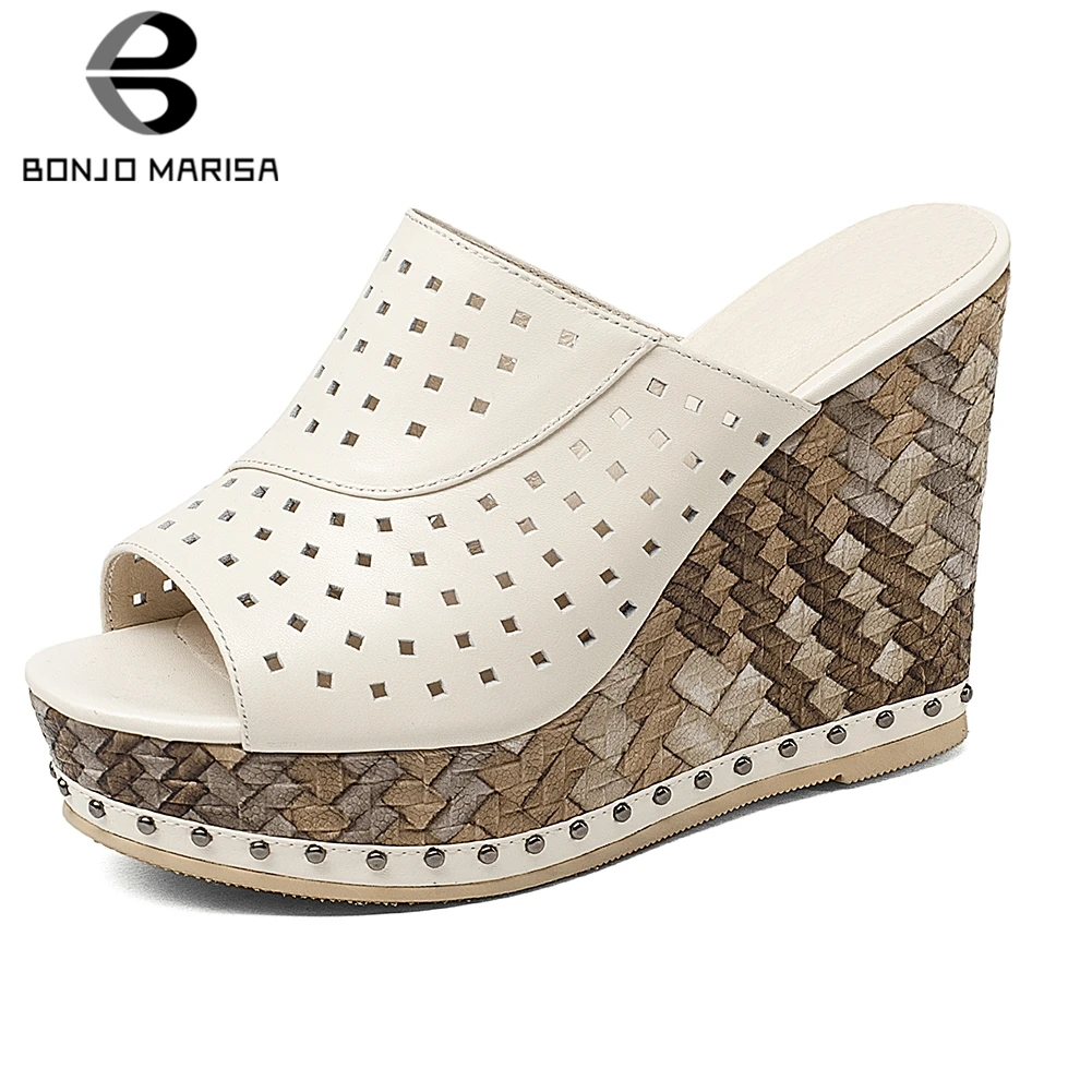 

BONJOMARISA Fashion Genuine Leather Shoes Slippers Women Mules Wedges Peep Toe High Heels Slippers Women Mules Shoes Woman