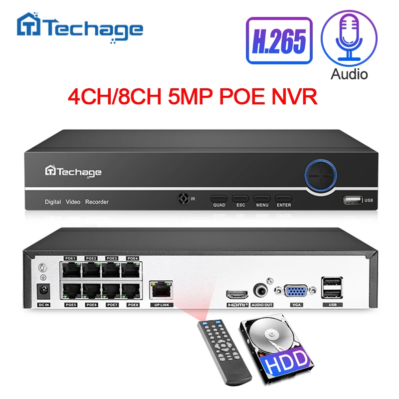Techage H.265 4CH 8CH 4MP 5MP 1080P POE NVR аудио выход безопасности видеонаблюдения сетевой видеорегистратор до 16CH для POE IP камеры