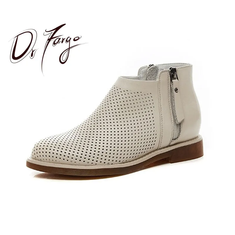 Drfargo Summer Women Boots Genuine Leather Square Low Heel Round Toe Side Zip Cut Out Hollow