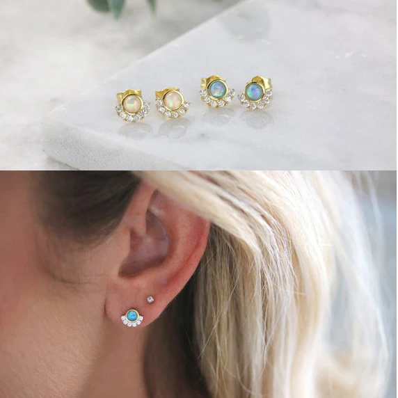 100% real 925 sterling silver gold Earrings Nostril Piercings CZ Opal Piercing Nose Curved Prong Nose Stud Rings Body Jewelry