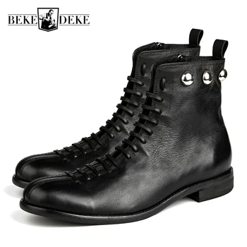 

England Style Mens Genuine Leather Cow Low Heel Matin Boots Winter Retro Motorcycle Boots Male Ankle Shoes Lacets Chaussures