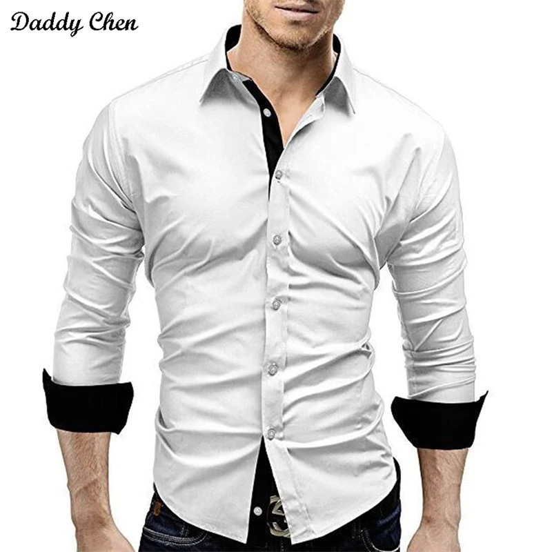 Dress shirt men slim fit style male for boys white black Casual shirt mens long sleeve Grid cotton Classic designer Brand 4xl