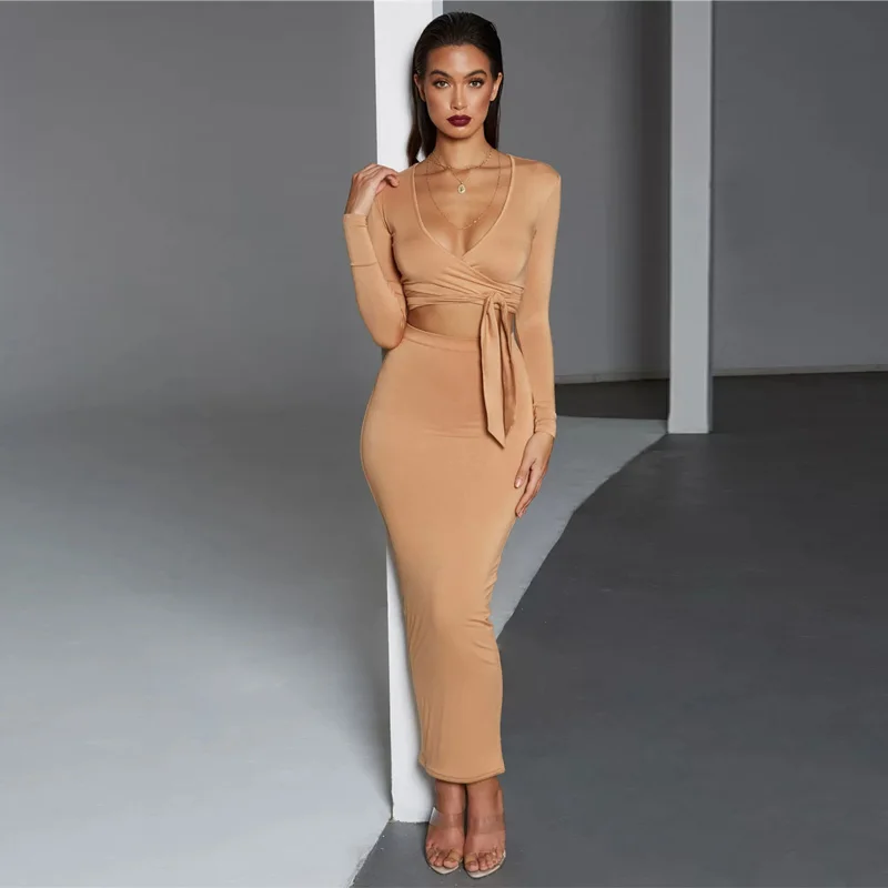

XLLAIS 2019 Dropshipping Party Night Two Piece Sets Women Bandage V Neck Khaki Crop Top and Pencil Skirts Outfits Matching Sets