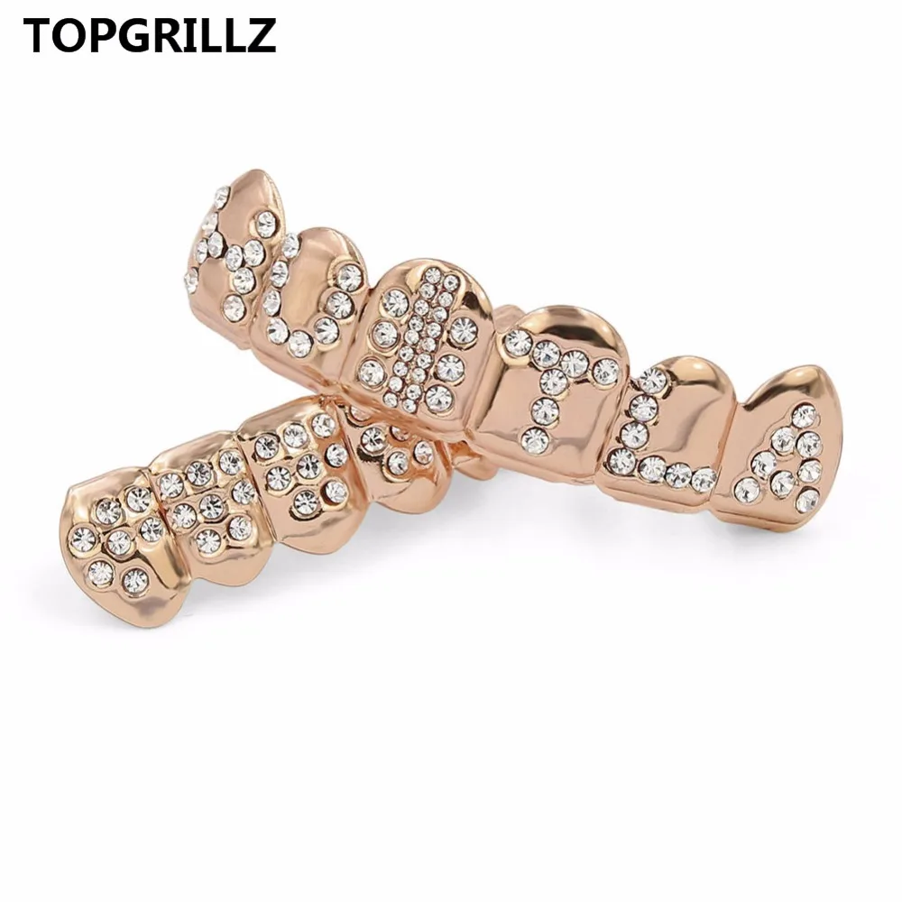 TOPGRILLZ золото цвет покрытием Iced Out письмо CZ камень хип хоп ЗУБЫ для рот GRILLZ шапки Топ и дно грили набор Классический зуб