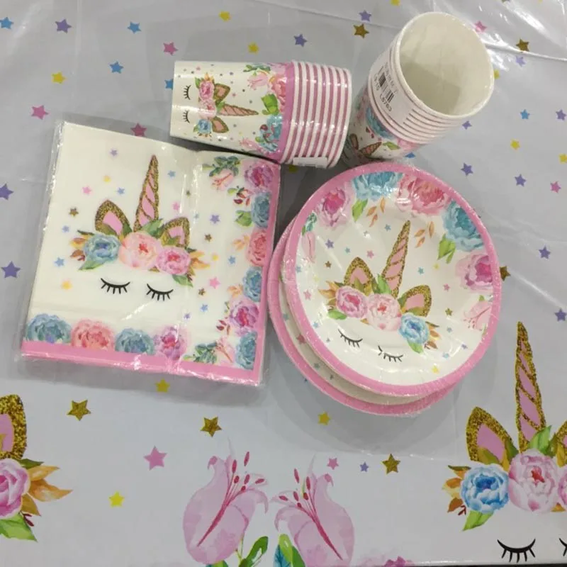 Unicorn Party Supplies Kids 1st Birthday Decor Paper Cups Plates Tablecloth Napkin Banner Cake Topper Baby Shower Party Supplies