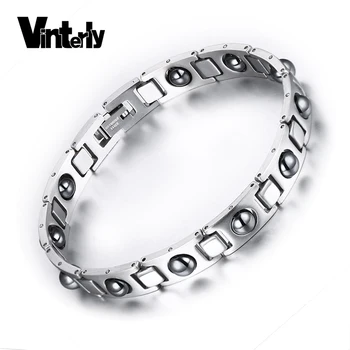 

Vinterly Korea Style Mens Stainless Steel Bead Bracelet High Quality Healing Energy Hematite Bracelets Bangles For Men Jewelry