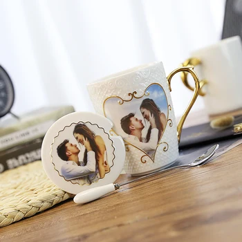 

DIY custom photo Cup with Lid Spoon Christmas Valentine's Day novelty birthday gift mug girl girlfriends wedding creative gifts