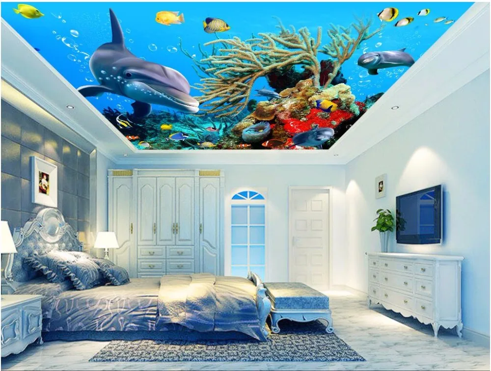

Фотообои на заказ, 3d потолочные фрески, домашний Декор, живопись, морской мир, дельфин, кораллы, 3d настенные фрески, обои для гостиной