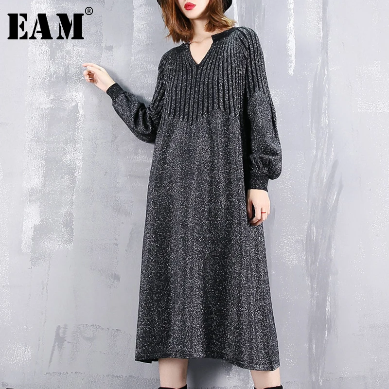[EAM] 2019 New Spring Winter V-collar Long Lantern Sleeve Back Lurex Striped Stitch Loose Brief Dress Women Fashion Tide JI625