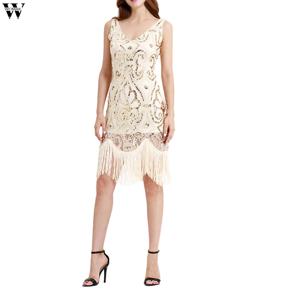 

Vintage 1920s Flapper Dress Art Deco Women Great Gatsby Dress V Neck Sleeveless Beaded Cocktail Party Dress for Prom Dec19