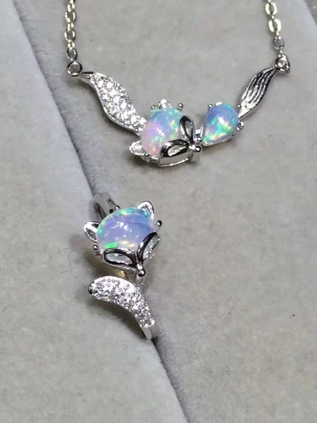 

925 sterling silver inlaid natural opal ring and pendant sets the fox