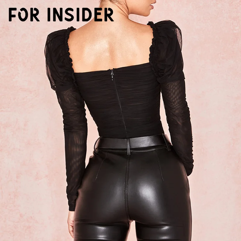 For Insider Sexy mesh black bodysuit women Transparent see through bodycon bodysuits Long sleeve pleated skinny ladies bodysuits