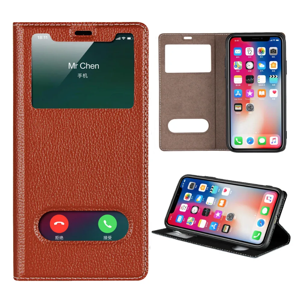 

LUCKBUY For iPhone X XR XS Max Ultra Thin Flip Cover Case Dual Window View Genuine Leather Phone Case for iPhone 7 8 Plus 6 6S