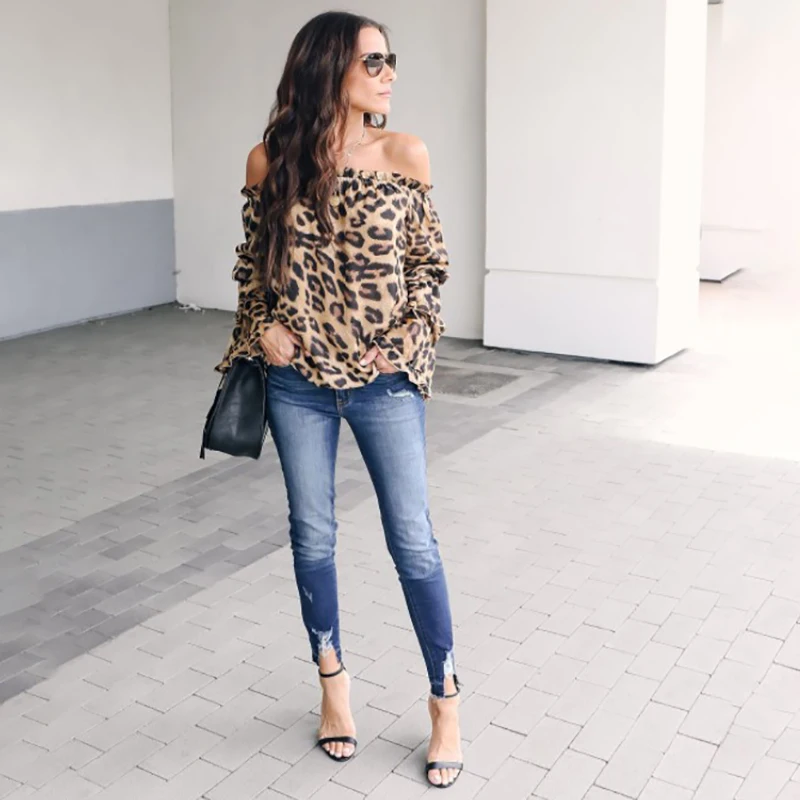 

Sexy Leopard Offshoulder Shirt Women Ruffled Collar Long Sleeve Tee Autumn Female Streetwear Tees Casual Loose Women Loose Tops