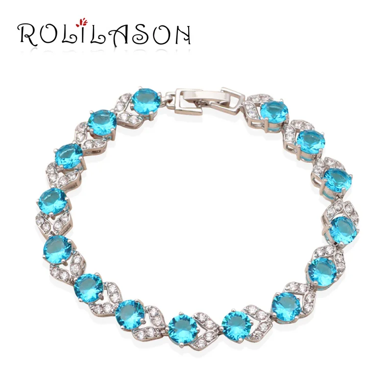 Rolilason Изящные Морской Синий Циркон Серебряная цепочка Браслеты для женщин Свадебная вечеринка предмет, модное ювелирное изделие TB529