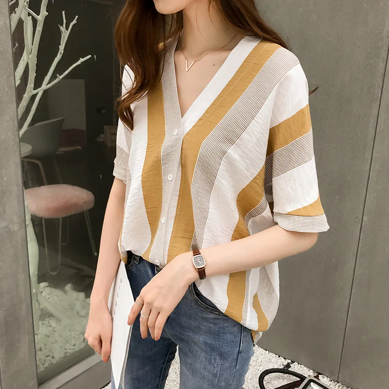 

Summer spring new fashion women white striped blouse casual V-neck bat sleeve shirts loose tops Ladies Clothing
