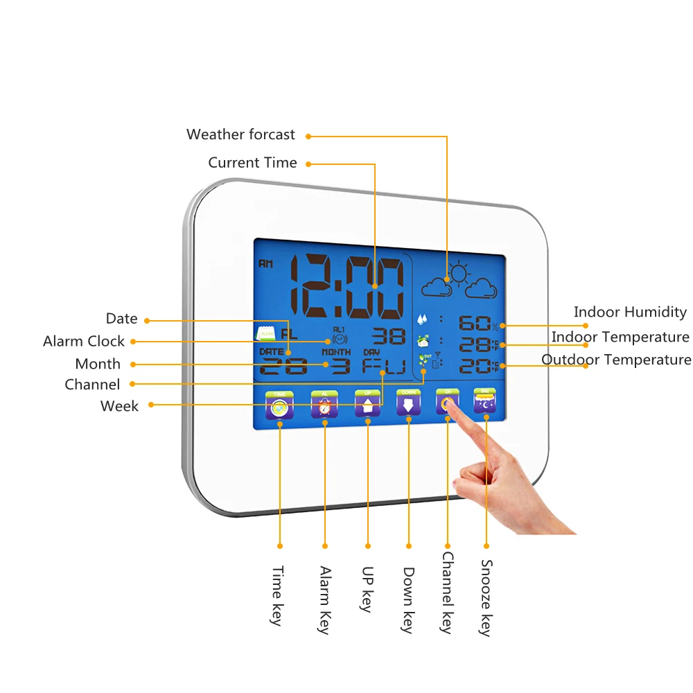 Беспроводная метеостанция с сенсорным экраном, измеритель температуры и влажности, термометр, гигрометр с будильником