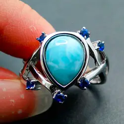 Blue Ларимар камень женщина кольца капли воды регулируемый палец кольцо Шарм изделия стерлингового серебра 925 качество Jewelry Кольцо подарок