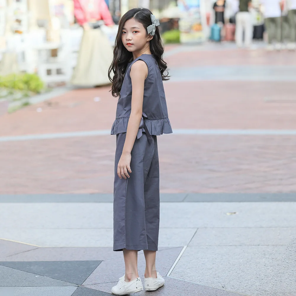 

2019 Girls Clothing Set Summer Baby Clothes Solid Sleeveless Shirt + Pant 2pcs Teenager Girls Outfits 10 12 14 Meisjes Kleding
