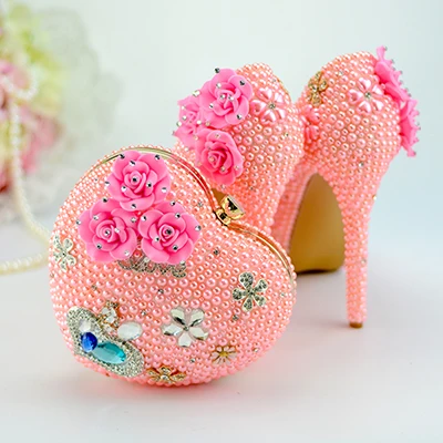 Shoes Bag Set Pink Pearls Rhinestone Princess Pumps Shoes Women