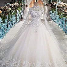 Vestidos de casamento de luxo com capa frisado mangas curtas vestido de bola alta neckine rendas vestido de noiva princesa real fotos 2018