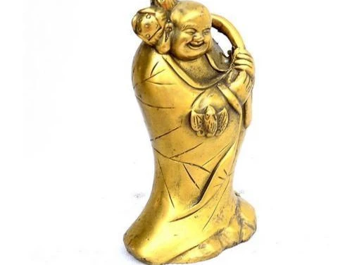 

Folk China Pure Bronze Copper Happy Laugh Maitreya Buddha On Money Bag Statue