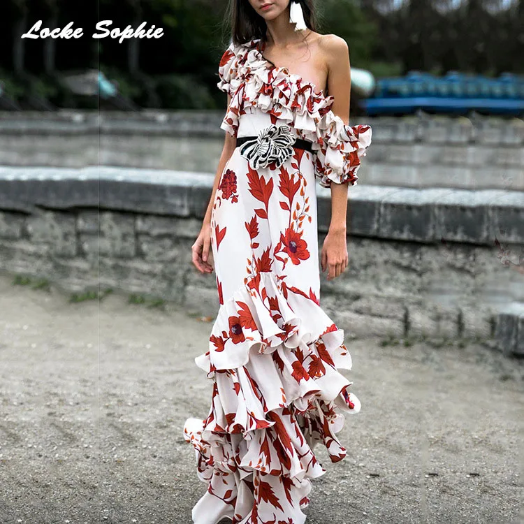 1pcs High waist Ladies Plus size Sexy party dresses 2019Summer cotton prints Splicing irregular Ruffles Dress women Skinny Dress