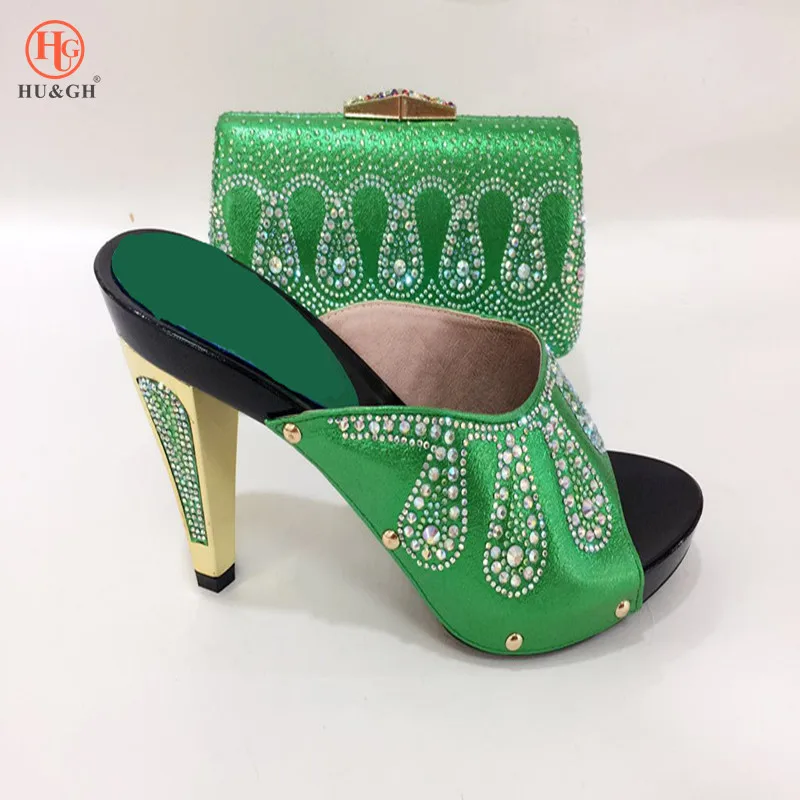 

2018 New Arrival Green Color Italian Shoe with Matching Bag Set Decorated with Rhinestone African Wedding Shoe and Bag Set Italy